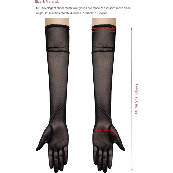 Women's Tulle Mesh Black Long Stretchy Gloves Halloween Party Wedding Costume - Picture 7 of 7